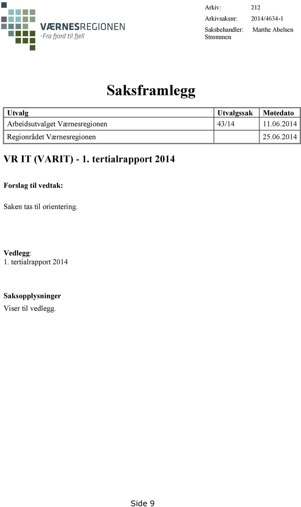 2014 Regionrådet Værnesregionen 25.06.2014 VR IT (VARIT) - 1.
