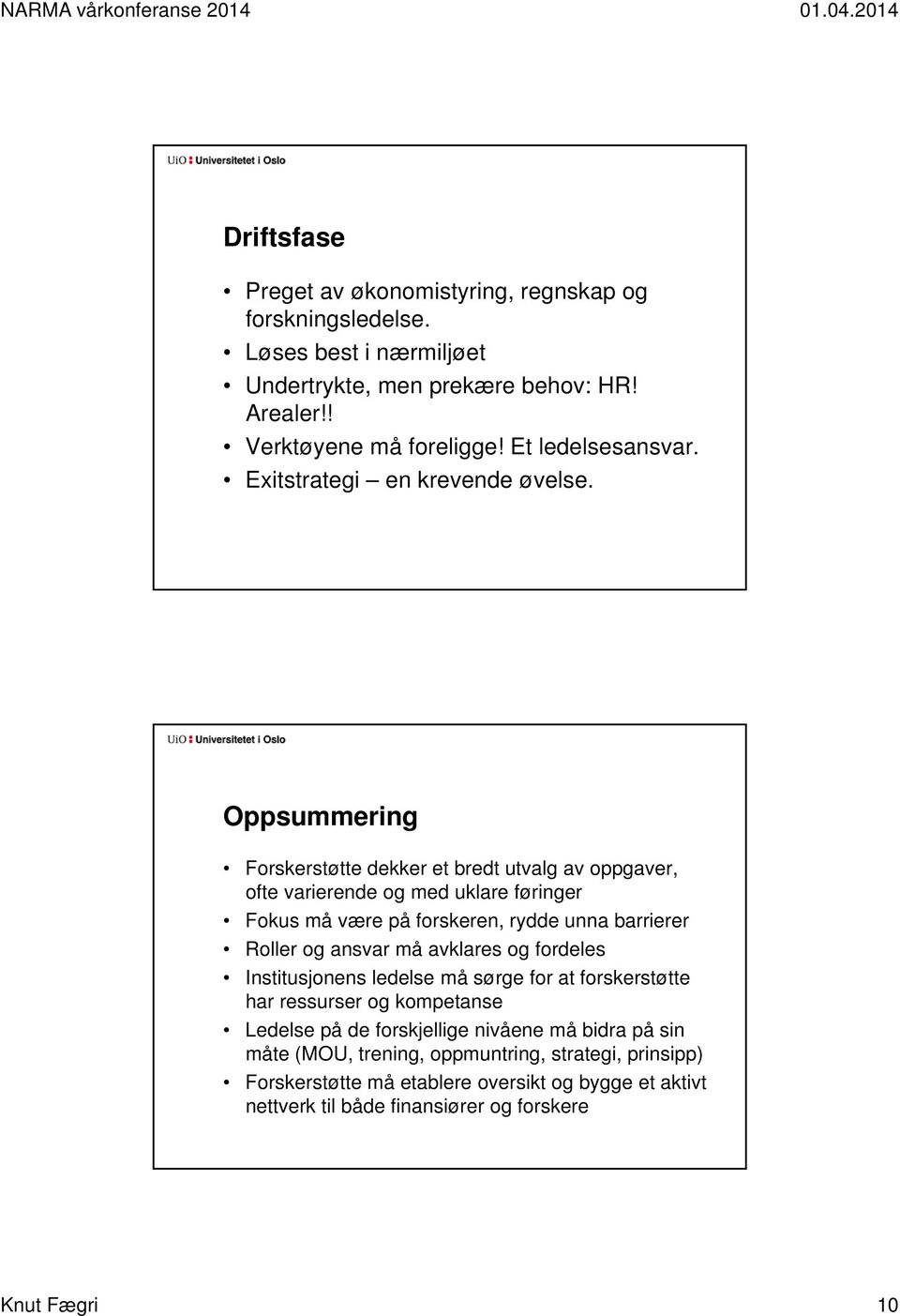 Oppsummering Forskerstøtte dekker et bredt utvalg av oppgaver, ofte varierende og med uklare føringer Fokus må være på forskeren, rydde unna barrierer Roller og ansvar må