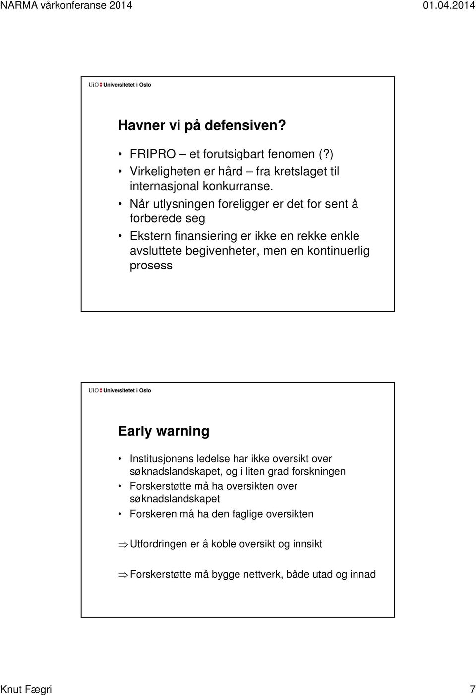 prosess Early warning Institusjonens ledelse har ikke oversikt over søknadslandskapet, og i liten grad forskningen Forskerstøtte må ha oversikten