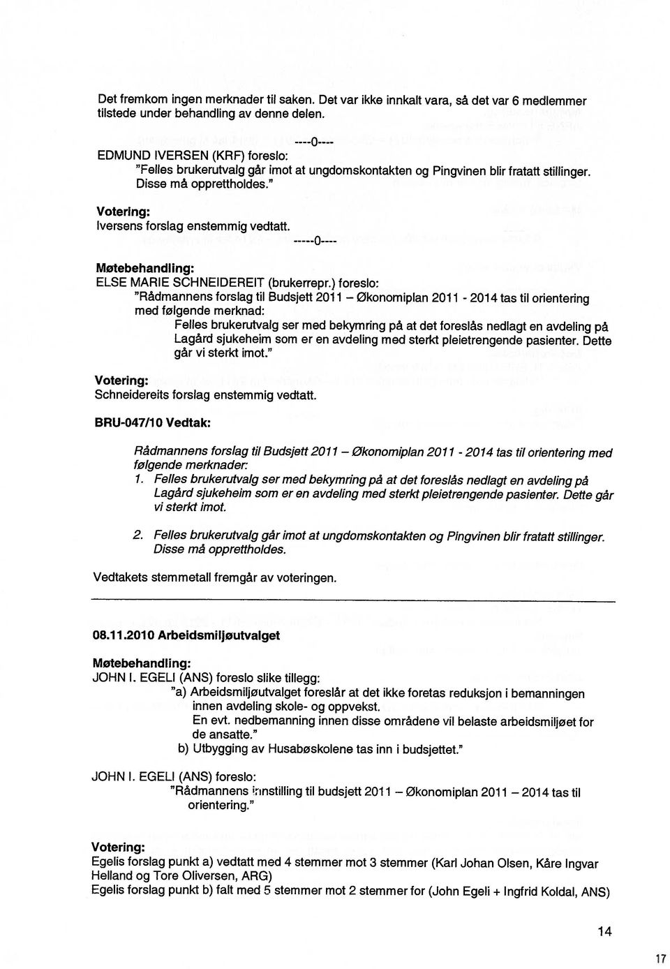 14 Egelis forslag punkt a) vedtatt med 4 stemmer mot 3 stemmer (Karl Johan Olsen, Kåre lngvar Egelis forslag punkt b)falt med 5 stemmer mot 2 stemmer for (John Egeli + lngfrid Koldal, ANS) Helland og
