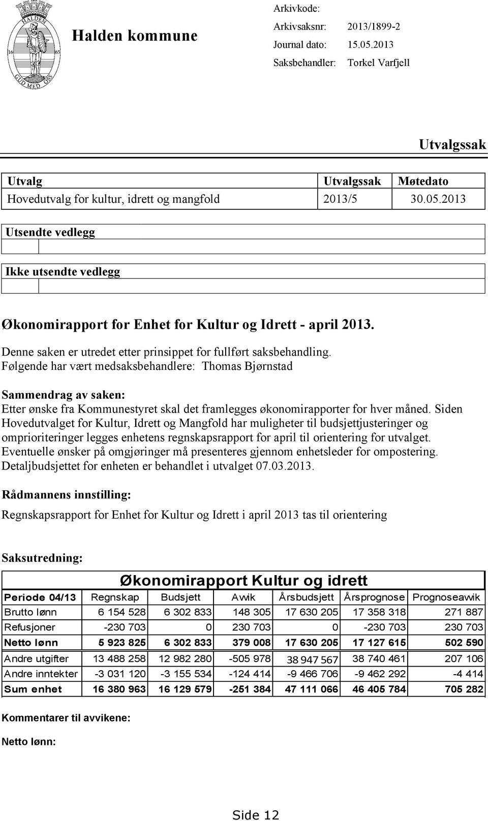 Følgende har vært medsaksbehandlere: Thomas Bjørnstad Sammendrag av saken: Etter ønske fra Kommunestyret skal det framlegges økonomirapporter for hver måned.