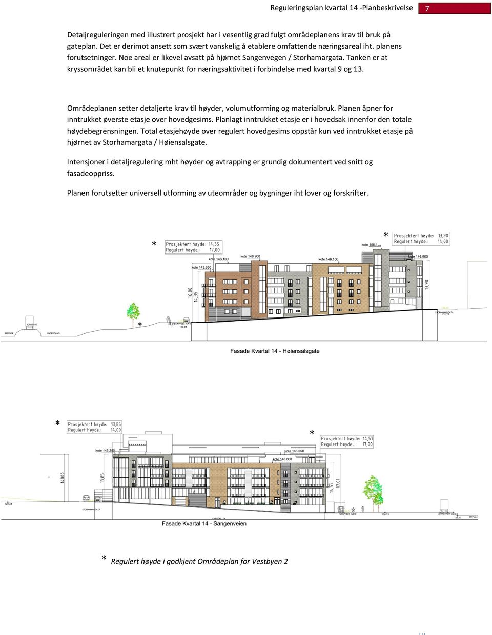 Områdeplanen setter detaljerte krav til høyder, volumutforming og materialbruk. Planen åpner for inntrukket øverste etasje over hovedgesims.