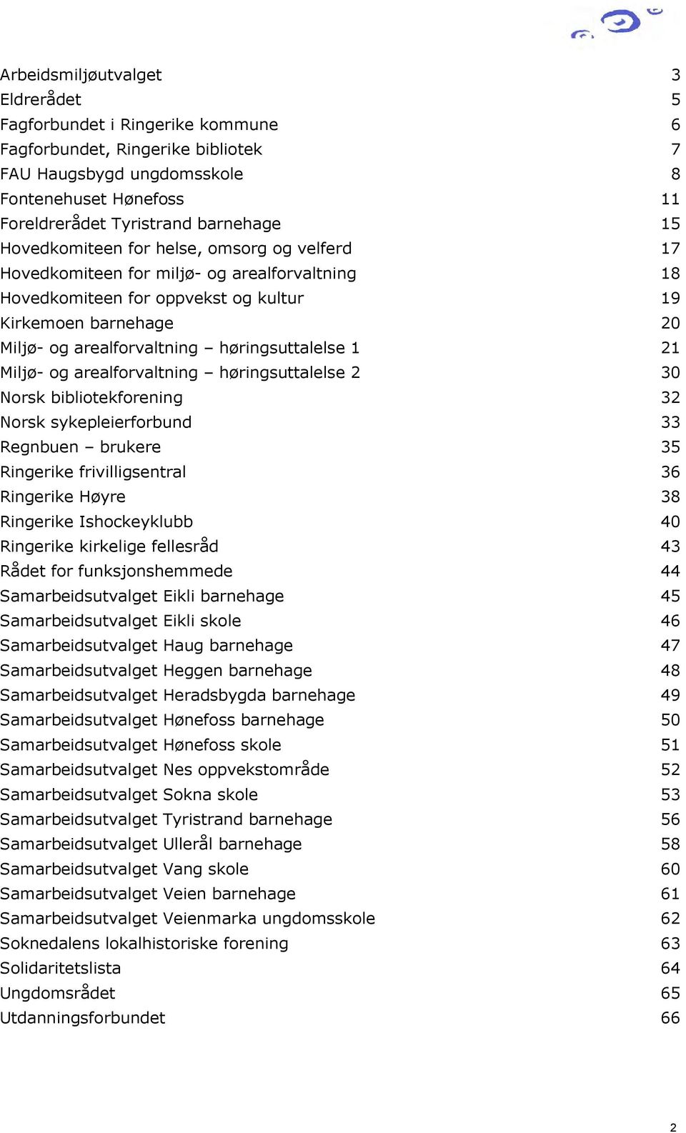 høringsuttalelse 1 21 Miljø- og arealforvaltning høringsuttalelse 2 30 Norsk bibliotekforening 32 Norsk sykepleierforbund 33 Regnbuen brukere 35 Ringerike frivilligsentral 36 Ringerike Høyre 38