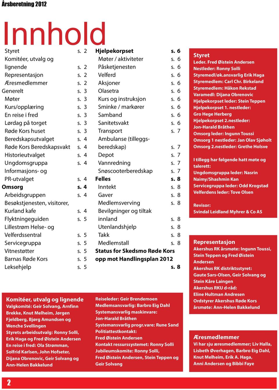 6 Røde Kors huset s. 3 Transport s. 7 Beredskapsutvalget s. 4 Ambulanse (tilleggsberedskap) Røde Kors Beredskapsvakt s. 4 s. 7 Historieutvalget s. 4 Depot s. 7 Ungdomsgruppa s. 4 Vannredning s.