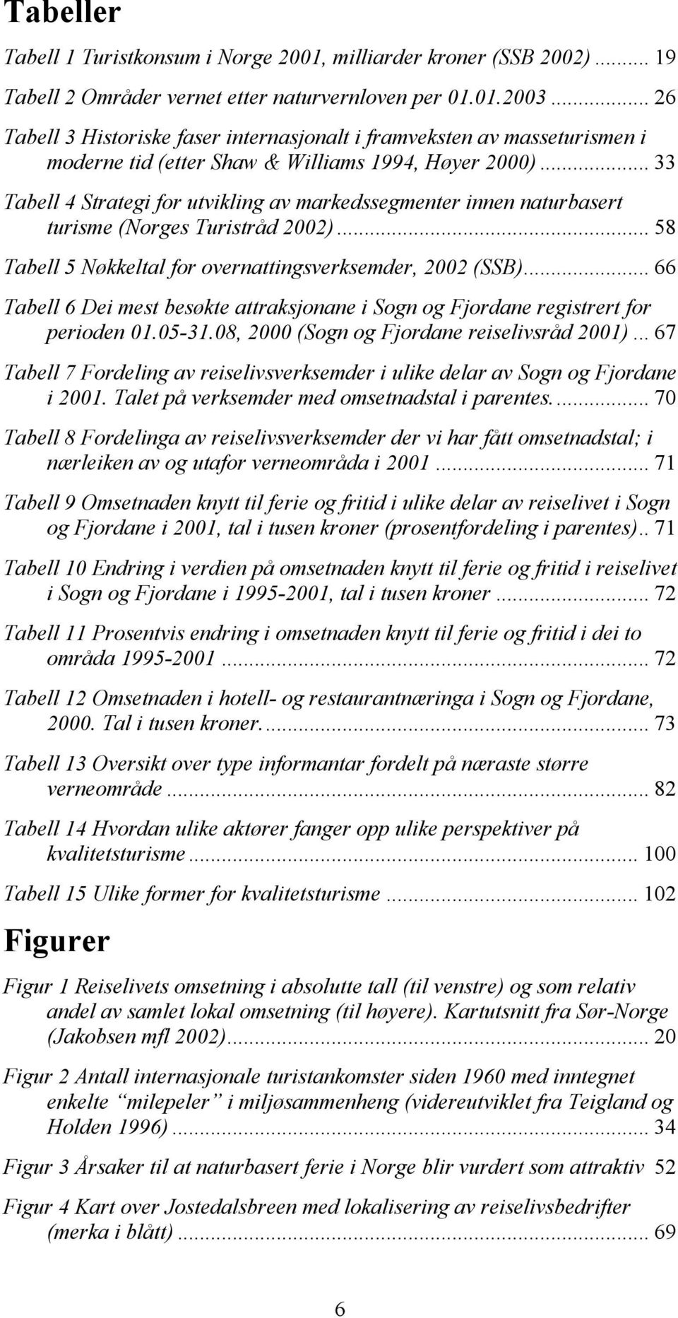 .. 33 Tabell 4 Strategi for utvikling av markedssegmenter innen naturbasert turisme (Norges Turistråd 2002)... 58 Tabell 5 Nøkkeltal for overnattingsverksemder, 2002 (SSB).