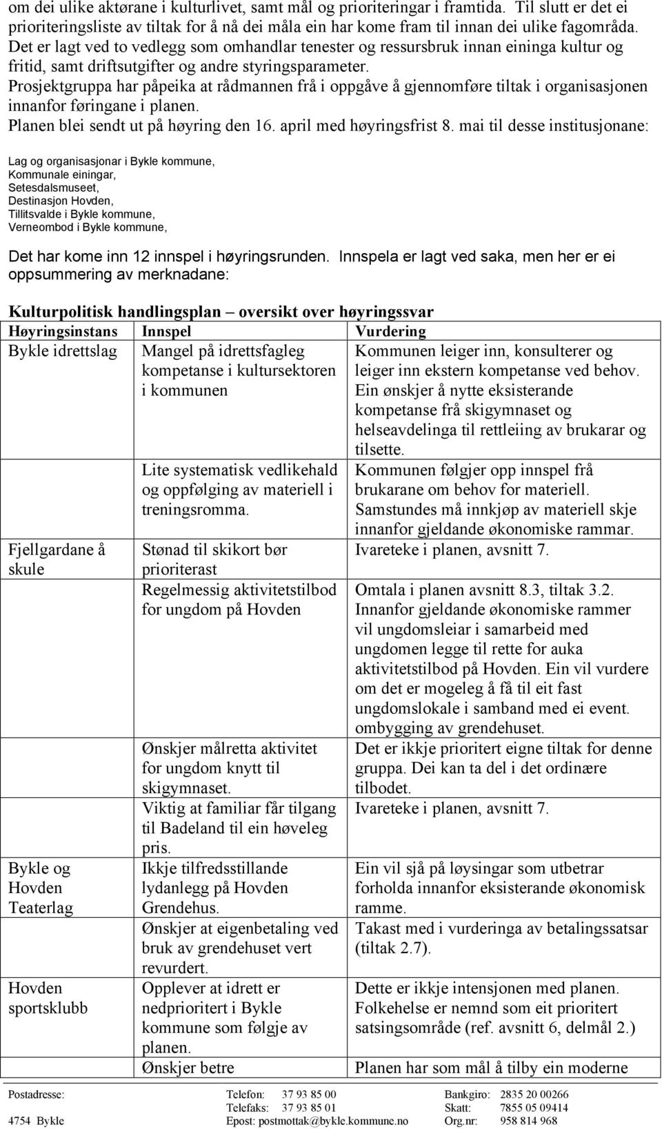 Prosjektgruppa har påpeika at rådmannen frå i oppgåve å gjennomføre tiltak i organisasjonen innanfor føringane i planen. Planen blei sendt ut på høyring den 16. april med høyringsfrist 8.