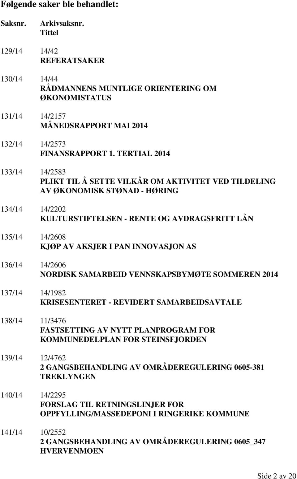 TERTIAL 2014 133/14 14/2583 PLIKT TIL Å SETTE VILKÅR OM AKTIVITET VED TILDELING AV ØKONOMISK STØNAD - HØRING 134/14 14/2202 KULTURSTIFTELSEN - RENTE OG AVDRAGSFRITT LÅN 135/14 14/2608 KJØP AV AKSJER