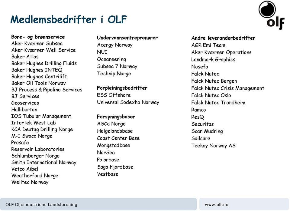 Smith International Norway Vetco Aibel Weatherford Norge Welltec Norway Undervannsentreprenører Acergy Norway NUI Oceaneering Subsea 7 Norway Technip Norge Forpleiningsbedrifter ESS Offshore