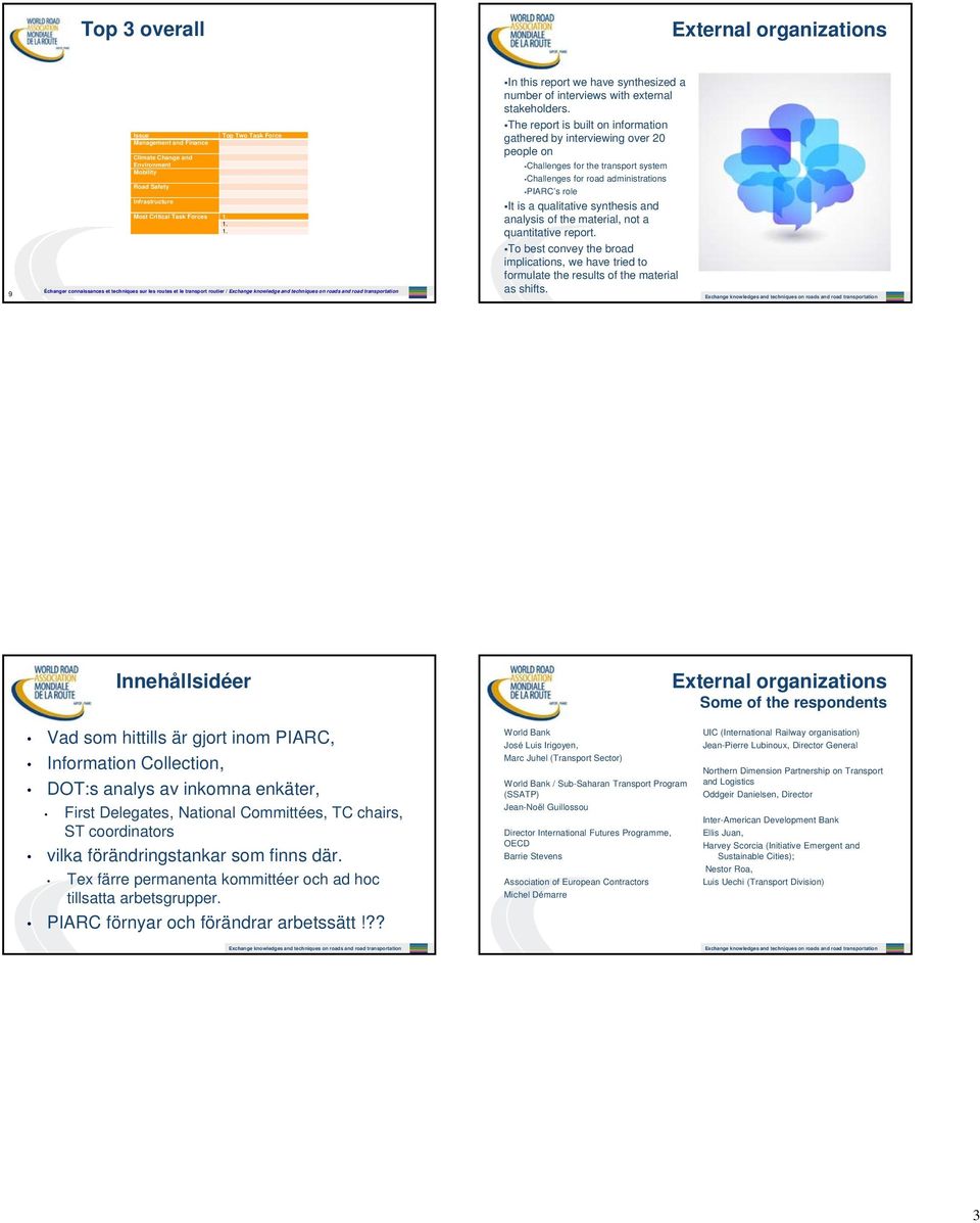 The report is built on information gathered by interviewing over 20 people on Challenges for the transport system Challenges for road administrations PIARC s role It is a qualitative synthesis and