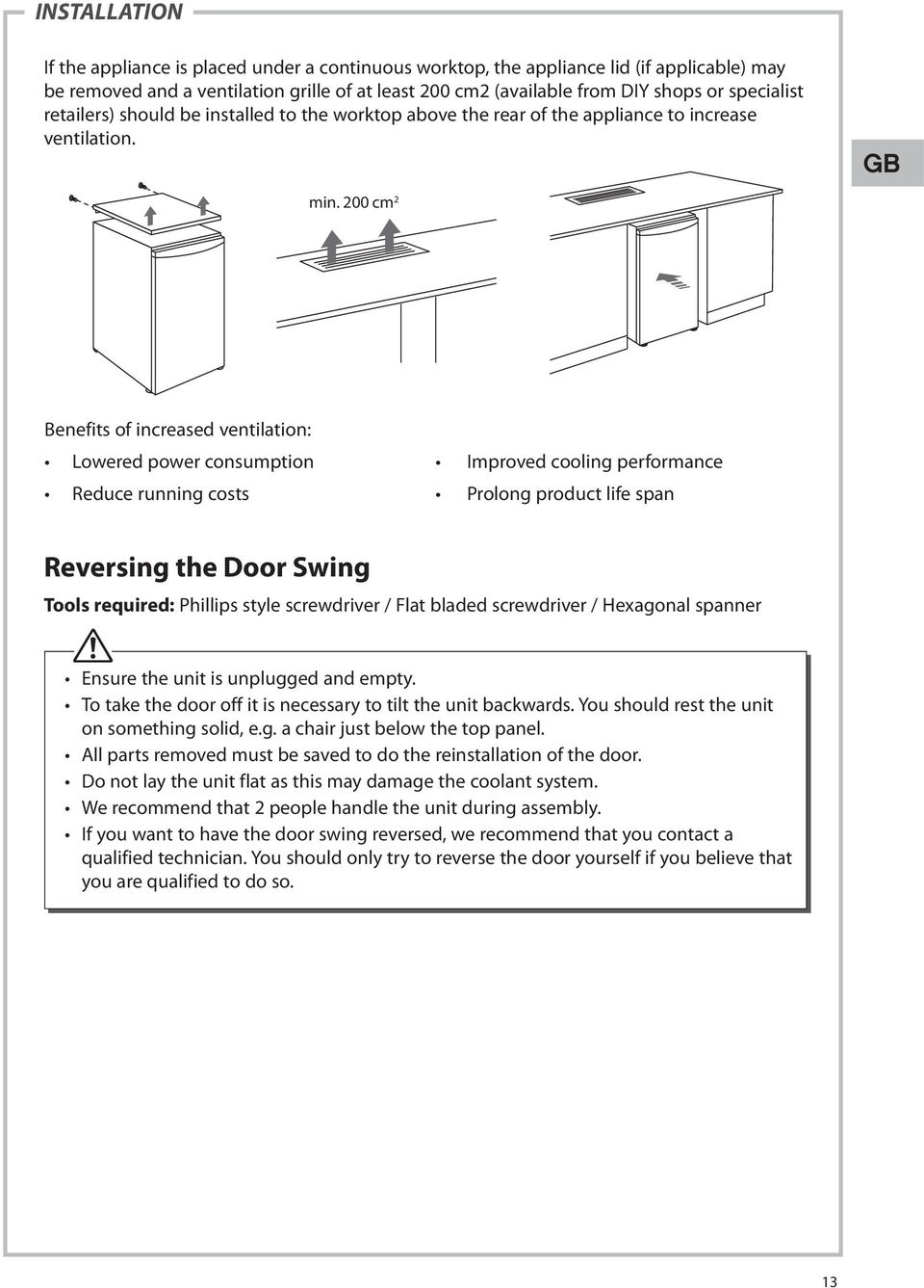 200 cm 2 Benefits of increased ventilation: Lowered power consumption Improved cooling performance Reduce running costs Prolong product life span Reversing the Door Swing Tools required: Phillips