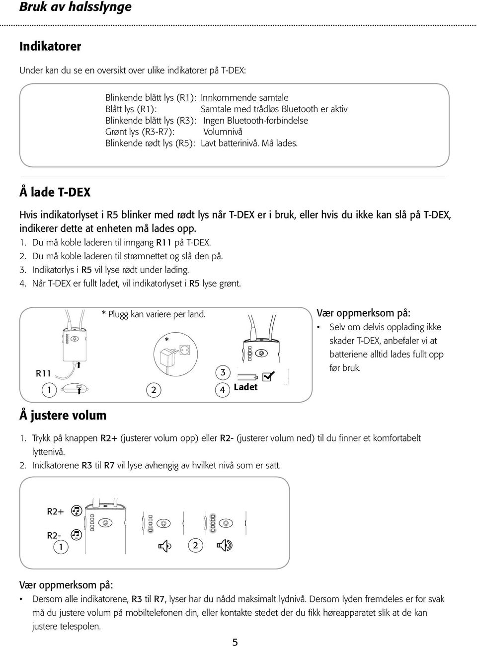 Å lade T-DEX Hvis indikatorlyset i R5 blinker med rødt lys når T-DEX er i bruk, eller hvis du ikke kan slå på T-DEX, indikerer dette at enheten må lades opp. 1.