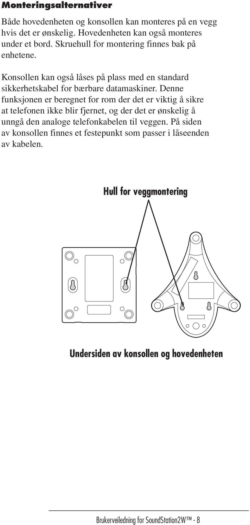 Denne funksjonen er beregnet for rom der det er viktig å sikre at telefonen ikke blir fjernet, og der det er Œnskelig å unngå den analoge telefonkabelen til