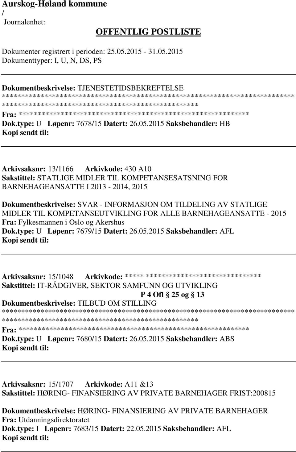 TILDELING AV STATLIGE MIDLER TIL KOMPETANSEUTVIKLING FOR ALLE BARNEHAGEANSATTE - 2015 Fra: Fylkesmannen i Oslo og Akershus Dok.type: U Løpenr: 767915 Datert: 26.05.