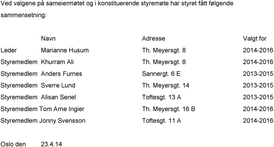 6 E 2013-2015 Styremedlem Sverre Lund Th. Meyersgt. 14 2013-2015 Styremedlem Alisan Senel Toftesgt.