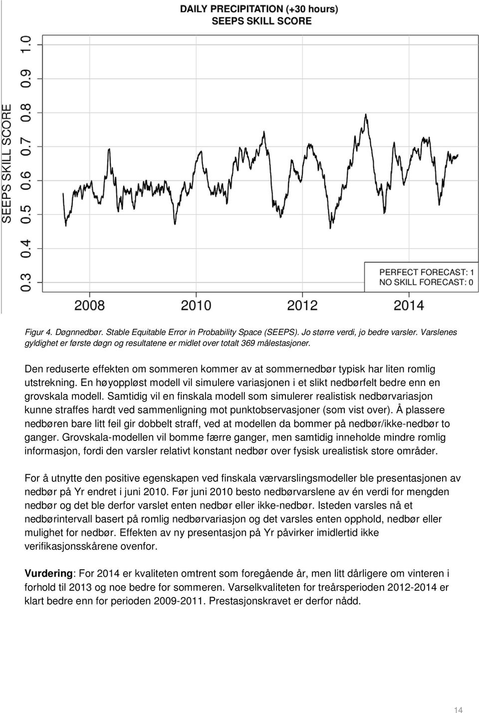 Samtidig vil en finskala modell som simulerer realistisk nedbørvariasjon kunne straffes hardt ved sammenligning mot punktobservasjoner (som vist over).