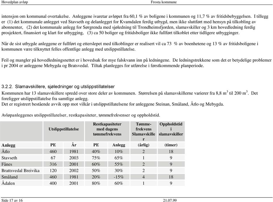 sjøledning til Trondheimsfjorden, slamavskiller og 3 km hovedledning ferdig prosjektert, finansiert og klart for utbygging, (3) ca 50 boliger og fritidsboliger ikke fullført tilkoblet etter tidligere