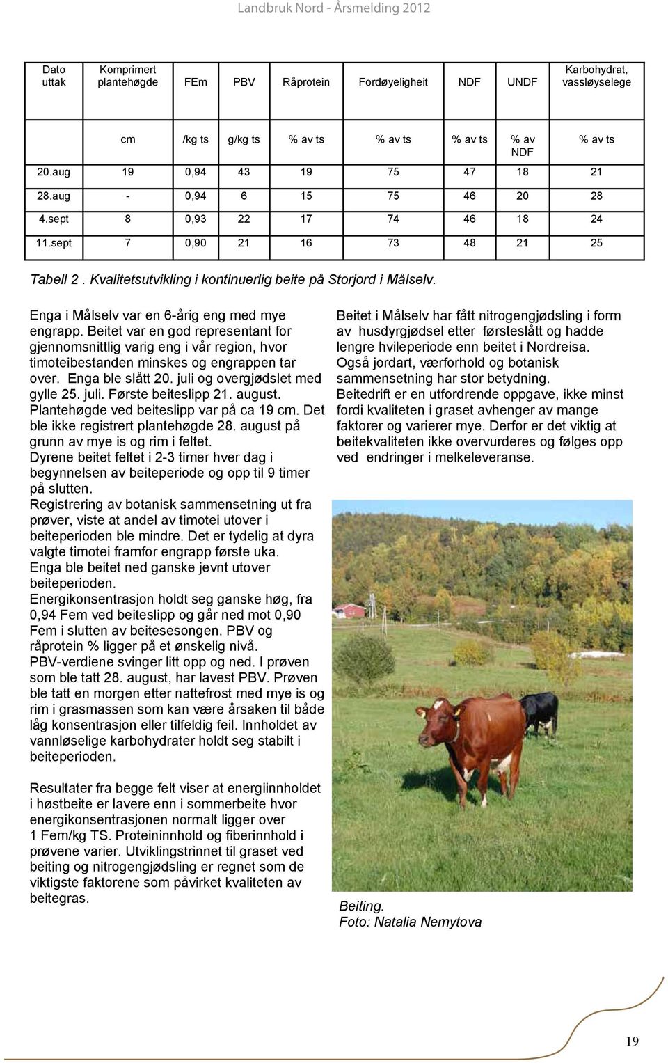 Enga i Målselv var en 6-årig eng med mye engrapp. Beitet var en god representant for gjennomsnittlig varig eng i vår region, hvor timoteibestanden minskes og engrappen tar over. Enga ble slått 20.