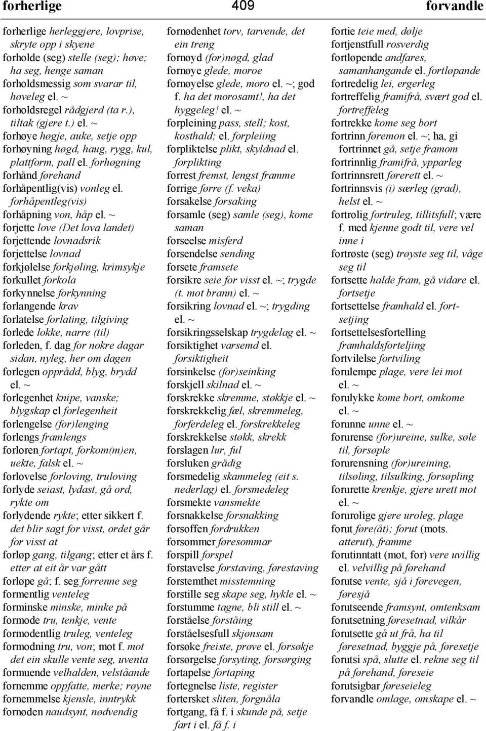 forhåpentleg(vis) forhåpning von, håp forjette love (Det lova landet) forjettende lovnadsrik forjettelse lovnad forkjølelse forkjøling, krimsykje forkullet forkola forkynnelse forkynning forlangende