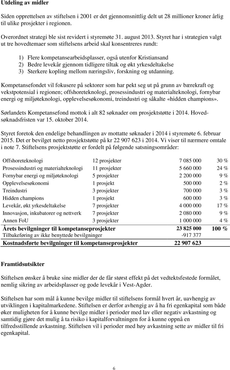 Styret har i strategien valgt ut tre hovedtemaer som stiftelsens arbeid skal konsentreres rundt: 1) Flere kompetansearbeidsplasser, også utenfor Kristiansand 2) Bedre levekår gjennom tidligere tiltak