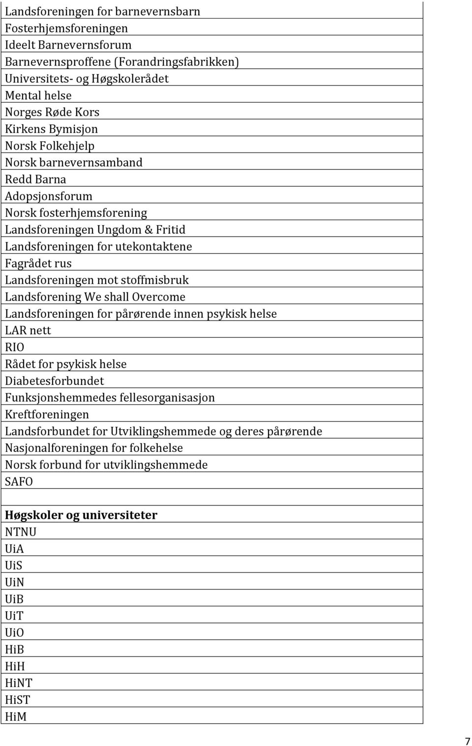 stoffmisbruk Landsforening We shall Overcome Landsforeningen for pårørende innen psykisk helse LAR nett RIO Rådet for psykisk helse Diabetesforbundet Funksjonshemmedes fellesorganisasjon