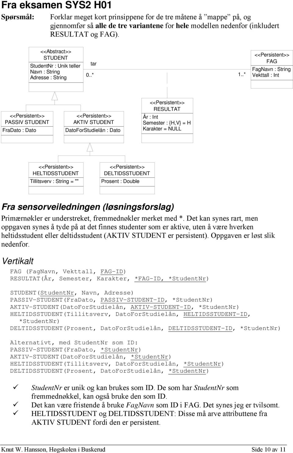 .* FAG FagNavn : String Vekttall : Int PASSIV STUDENT FraDato : Dato AKTIV STUDENT DatoForStudielån : Dato RESULTAT År : Int Semester : {H,V} = H Karakter = NULL HELTIDSSTUDENT Tillitsverv : String =