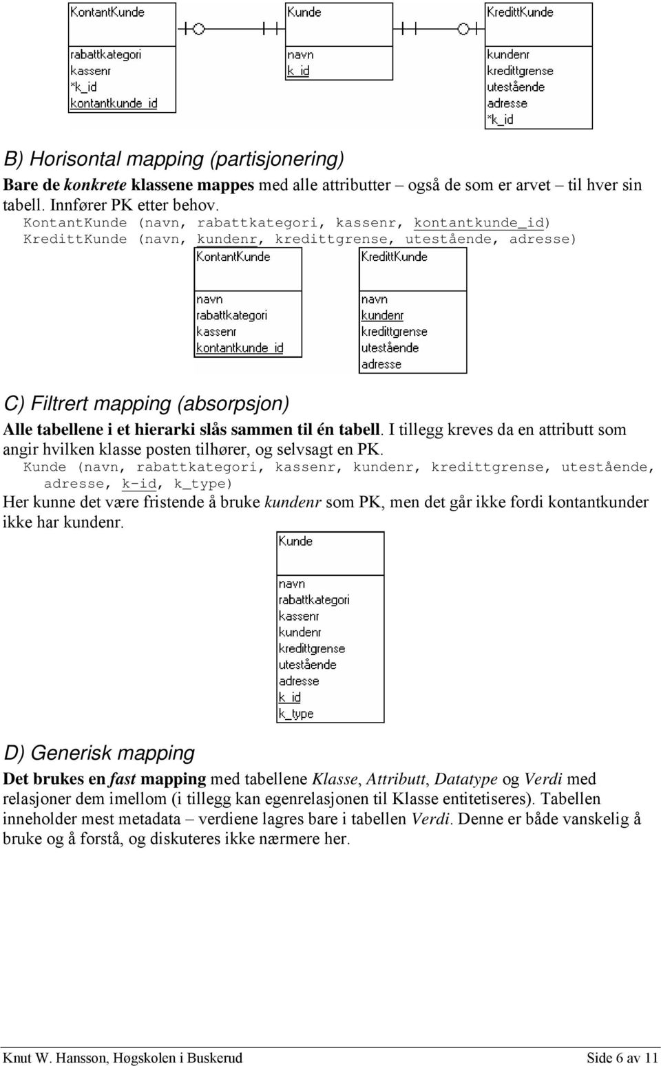 sammen til én tabell. I tillegg kreves da en attributt som angir hvilken klasse posten tilhører, og selvsagt en PK.