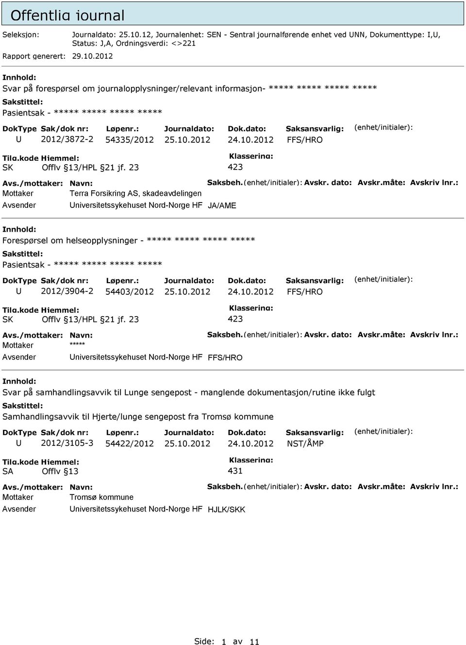 : Mottaker Terra Forsikring AS, skadeavdelingen niversitetssykehuset Nord-Norge HF JA/AME Forespørsel om helseopplysninger - ***** ***** ***** ***** 2012/3904-2 54403/2012 Avs.