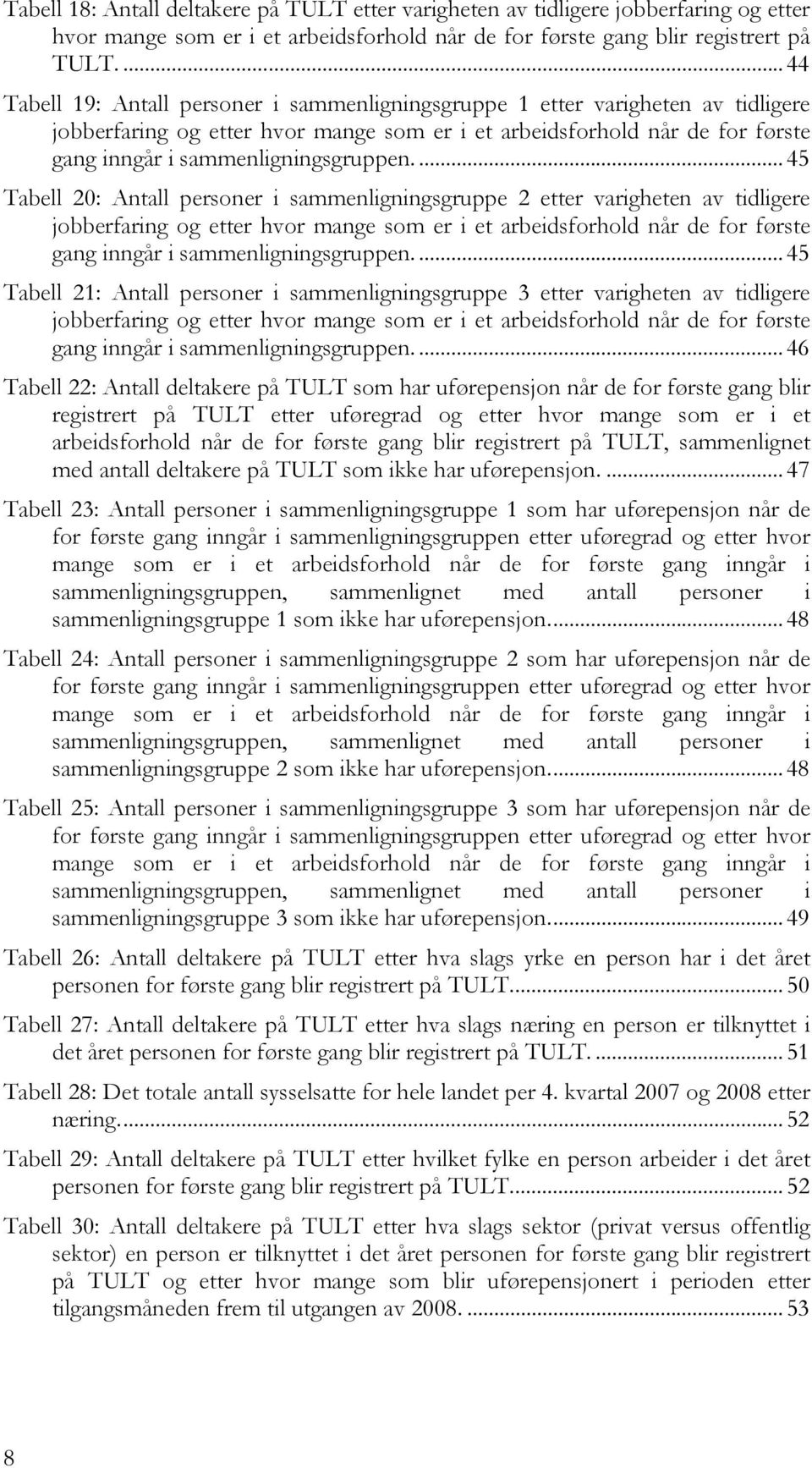 ... 45 Tabell 20: Antall personer i sammenligningsgruppe 2 etter varigheten av tidligere jobberfaring og etter hvor mange som er i et arbeidsforhold når de for første gang inngår i sammenligningsgruppen.