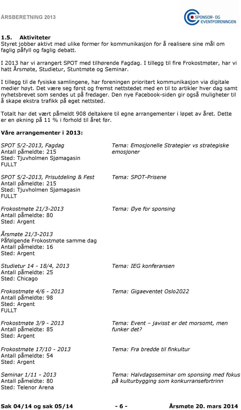 I tillegg til fire Frokostmøter, har vi hatt I 2013 Årsmøte, har vi arrangert Studietur, SPOT Stuntmøte med tilhørende og Seminar. Fagdag.