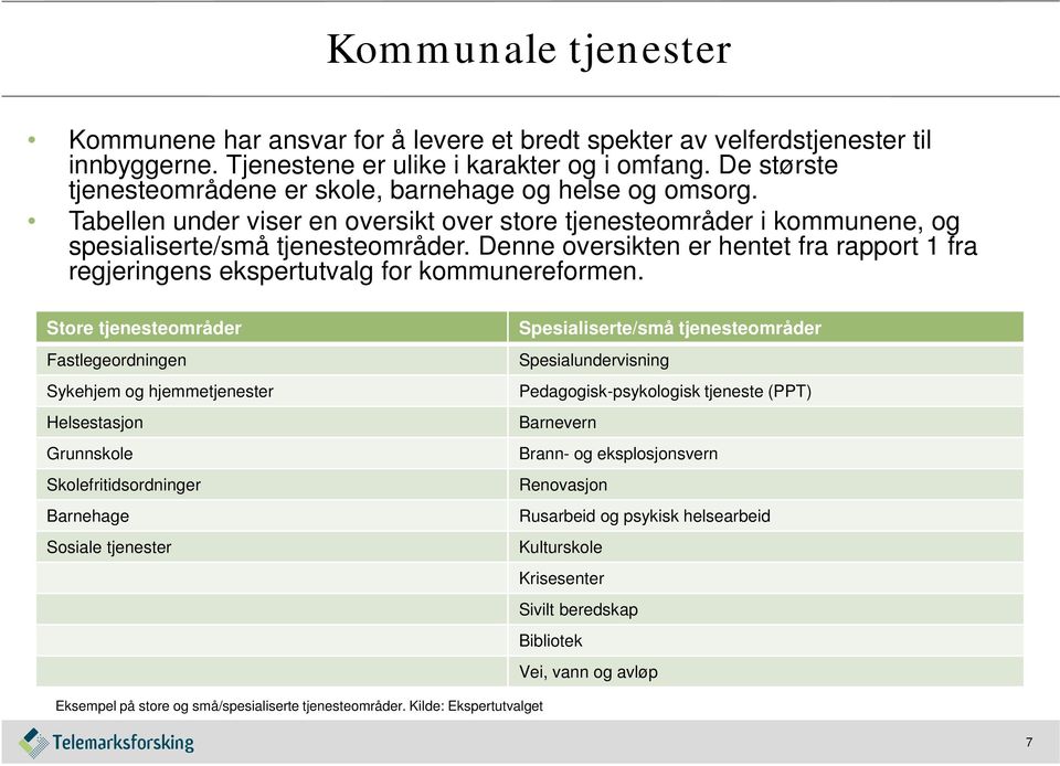 Denne oversikten er hentet fra rapport 1 fra regjeringens ekspertutvalg for kommunereformen.