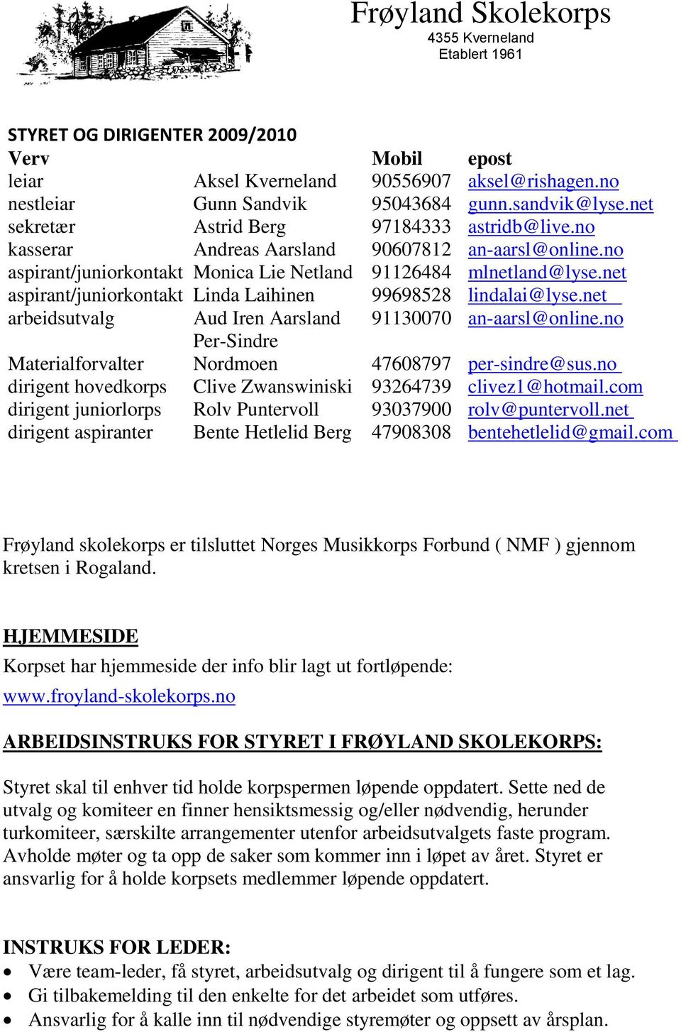 net arbeidsutvalg Aud Iren Aarsland 91130070 an-aarsl@online.no Materialforvalter Per-Sindre Nordmoen 47608797 per-sindre@sus.no dirigent hovedkorps Clive Zwanswiniski 93264739 clivez1@hotmail.