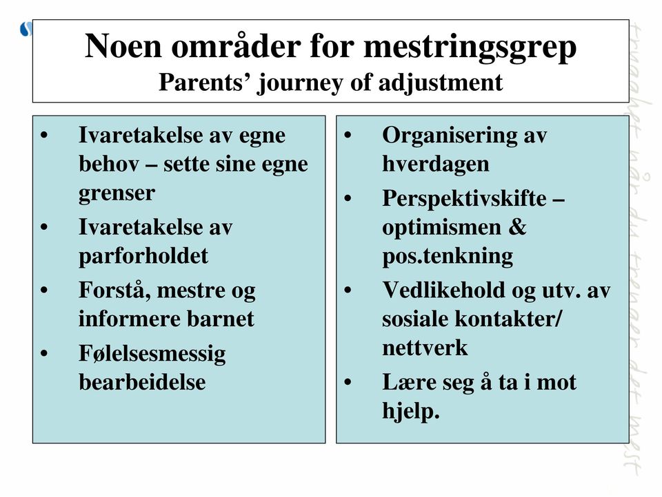 Følelsesmessig bearbeidelse Organisering av hverdagen Perspektivskifte optimismen & pos.