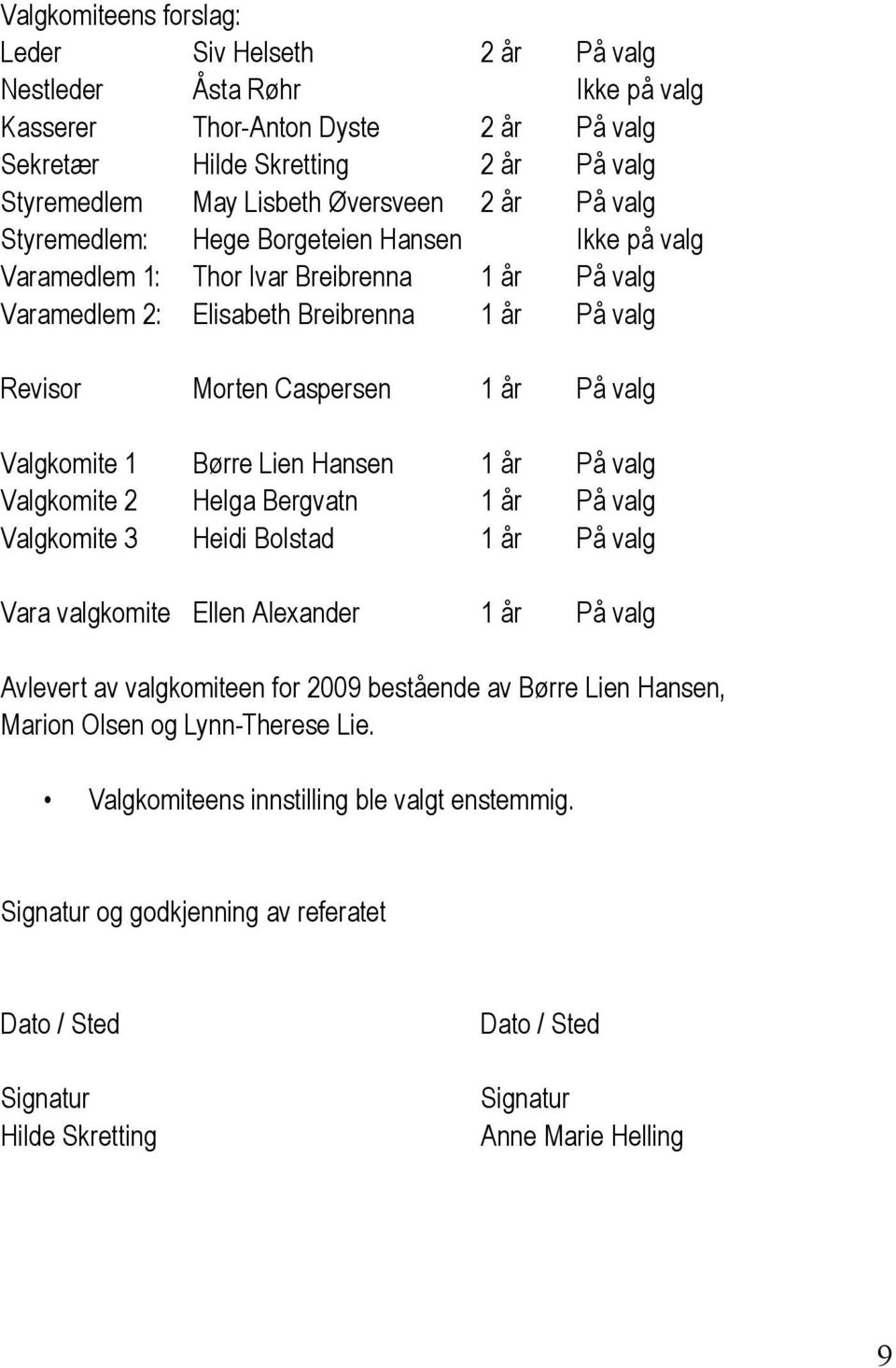 Valgkomite 1 Børre Lien Hansen 1 år På valg Valgkomite 2 Helga Bergvatn 1 år På valg Valgkomite 3 Heidi Bolstad 1 år På valg Vara valgkomite Ellen Alexander 1 år På valg Avlevert av valgkomiteen for