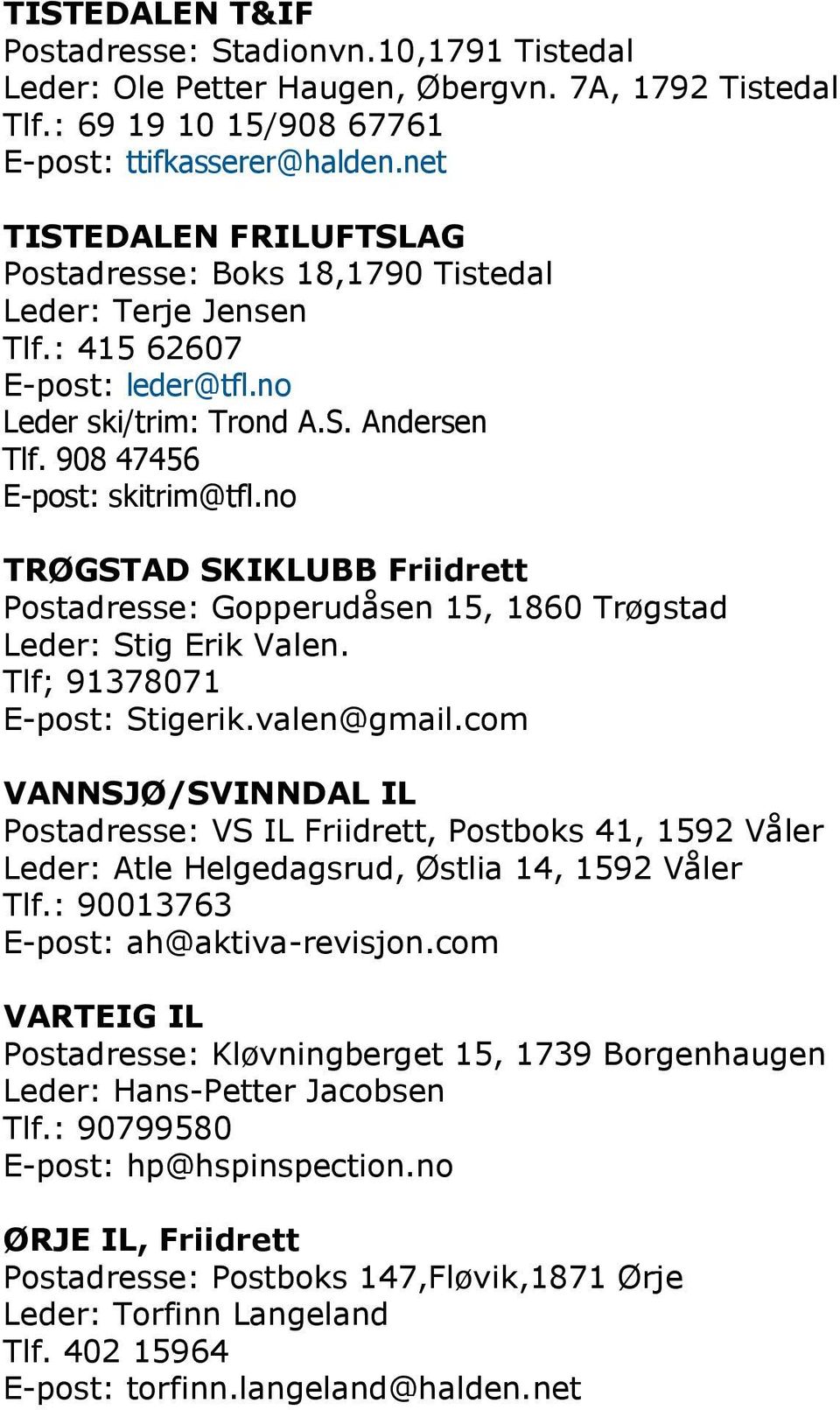 no TRØGSTAD SKIKLUBB Friidrett Postadresse: Gopperudåsen 15, 1860 Trøgstad Leder: Stig Erik Valen. Tlf; 91378071 E-post: Stigerik.valen@gmail.