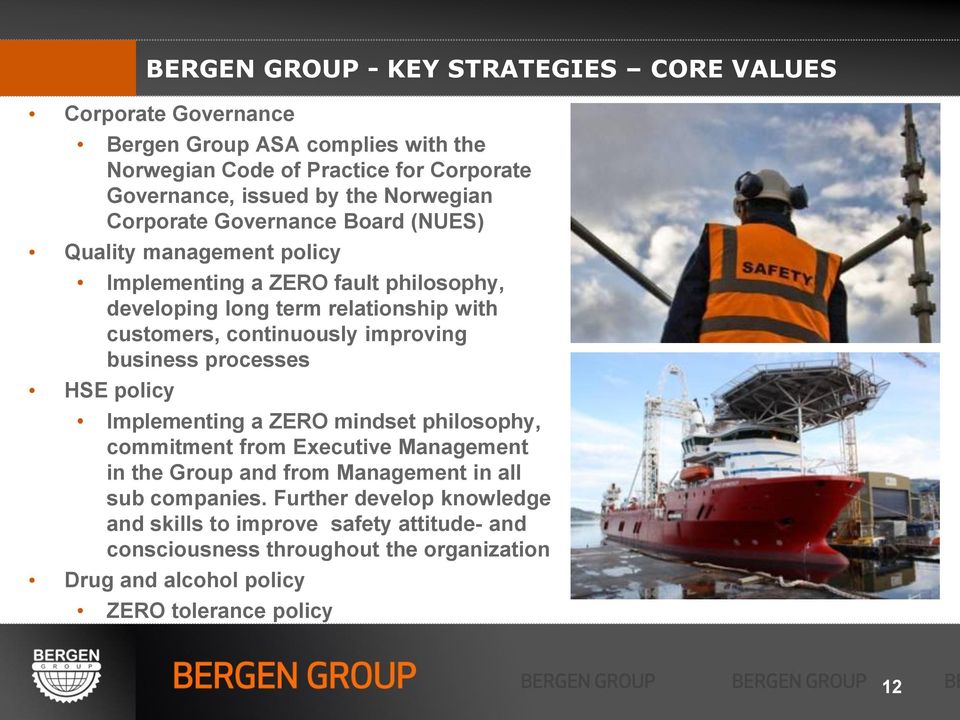 improving business processes HSE policy Implementing a ZERO mindset philosophy, commitment from Executive Management in the Group and from Management in all sub