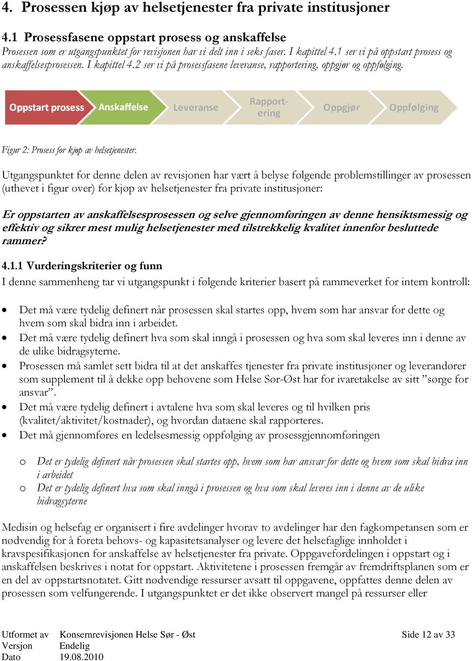 Utgangspunktet for denne delen av revisjonen har vært å belyse følgende problemstillinger av prosessen (uthevet i figur over) for kjøp av helsetjenester fra private institusjoner: Er oppstarten av