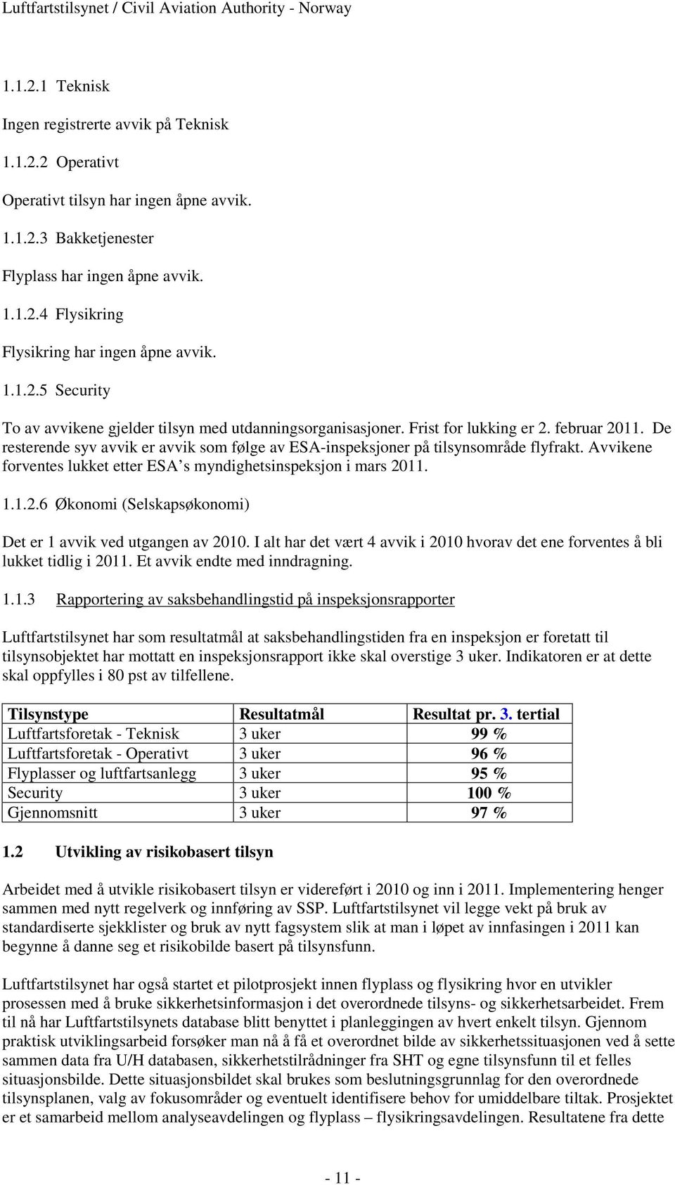 De resterende syv avvik er avvik som følge av ESA-inspeksjoner på tilsynsområde flyfrakt. Avvikene forventes lukket etter ESA s myndighetsinspeksjon i mars 20