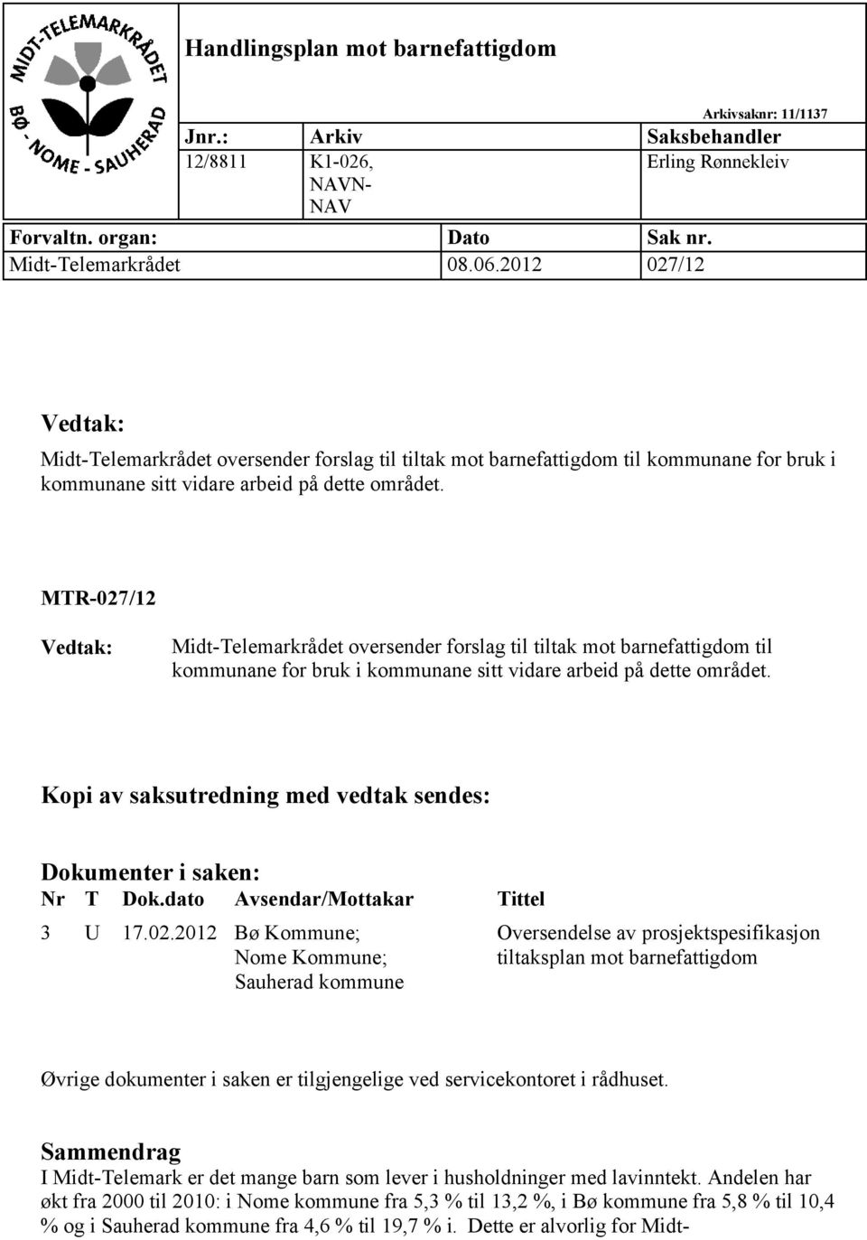 MTR-027/12 Vedtak: Midt-Telemarkrådet oversender forslag til tiltak mot barnefattigdom til kommunane for bruk i kommunane sitt vidare arbeid på dette området.