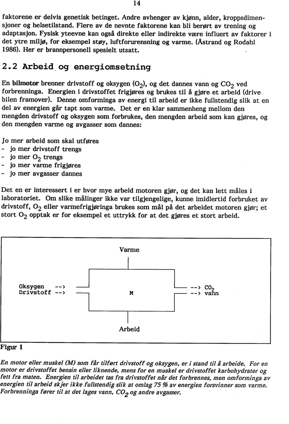 Her er brannpersonell spesielt utsatt. 2.2 Arbeid, og energiomsetning En bilmotor brenner drivstoff og oksygen (02), og det dannes vann og CO2 ved forbrenninga.