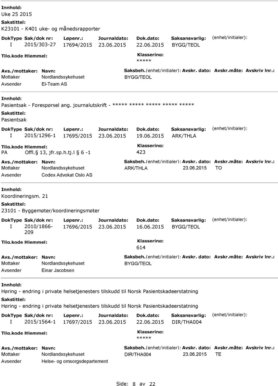 Avskr. dato: Avskr.måte: Avskriv lnr.: ARK/THLA TO Codex Advokat Oslo AS nnhold: Koordineringsm. 21 23101 - Byggemøter/koordineringsmøter 2010/1866-209 17696/2015 16.06.2015 BYGG/TEOL 614 Avs.