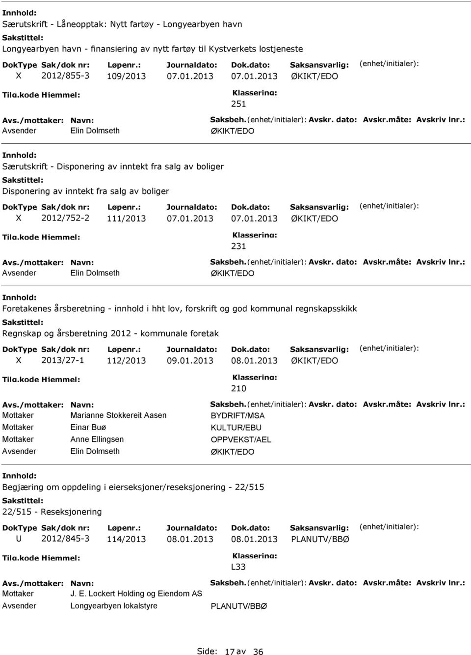 : vsender Elin Dolmseth ØKKT/EDO Særutskrift - Disponering av inntekt fra salg av boliger Disponering av inntekt fra salg av boliger X 2012/752-2 111/2013 ØKKT/EDO 231 vs./mottaker: Navn: Saksbeh.