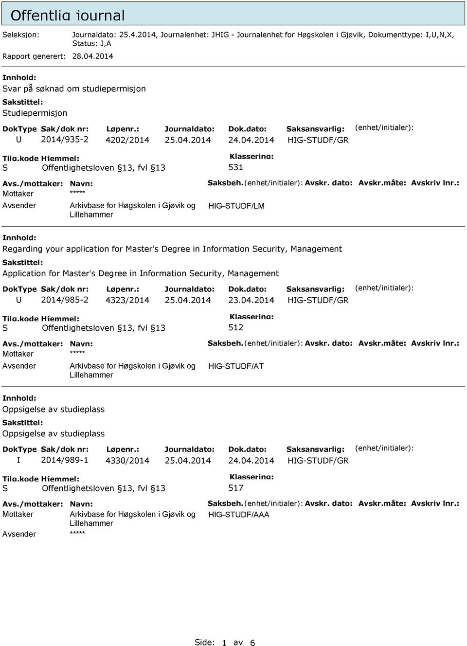 2014 531 Mottaker ***** Avsender Arkivbase for Høgskolen i Gjøvik og HG-TUDF/LM nnhold: Regarding your application for Master's Degree in nformation ecurity, Management Application for