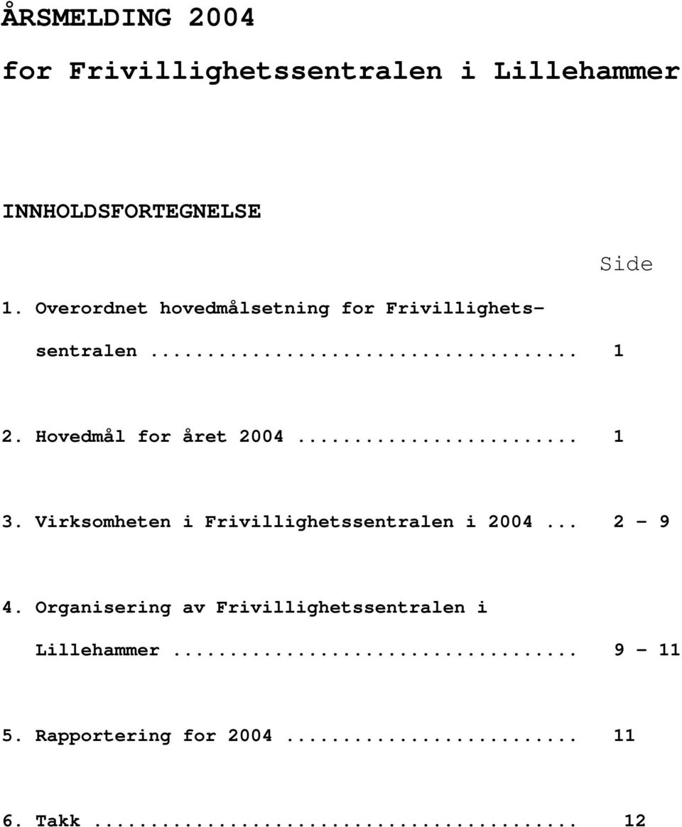 .. 1 3. Virksomheten i Frivillighetssentralen i 2004... 2-9 4.