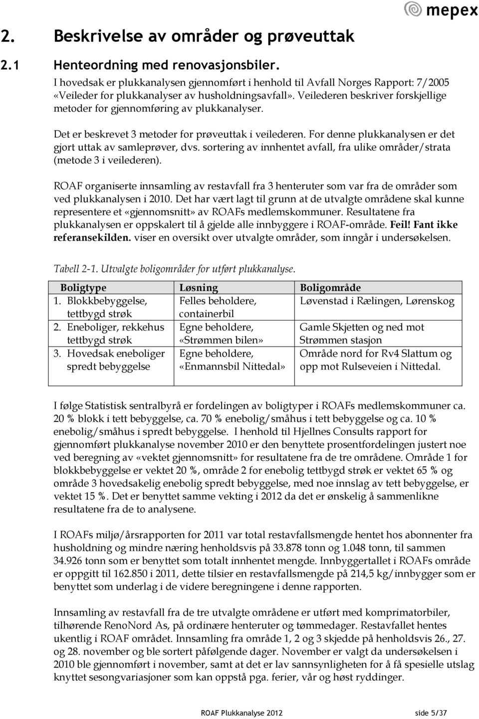 Veilederen beskriver forskjellige metoder for gjennomføring av plukkanalyser. Det er beskrevet 3 metoder for prøveuttak i veilederen. For denne plukkanalysen er det gjort uttak av samleprøver, dvs.