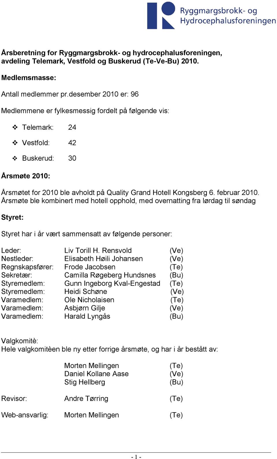 februar 2010. Årsmøte ble kombinert med hotell opphold, med overnatting fra lørdag til søndag Styret: Styret har i år vært sammensatt av følgende personer: Leder: Liv Torill H.