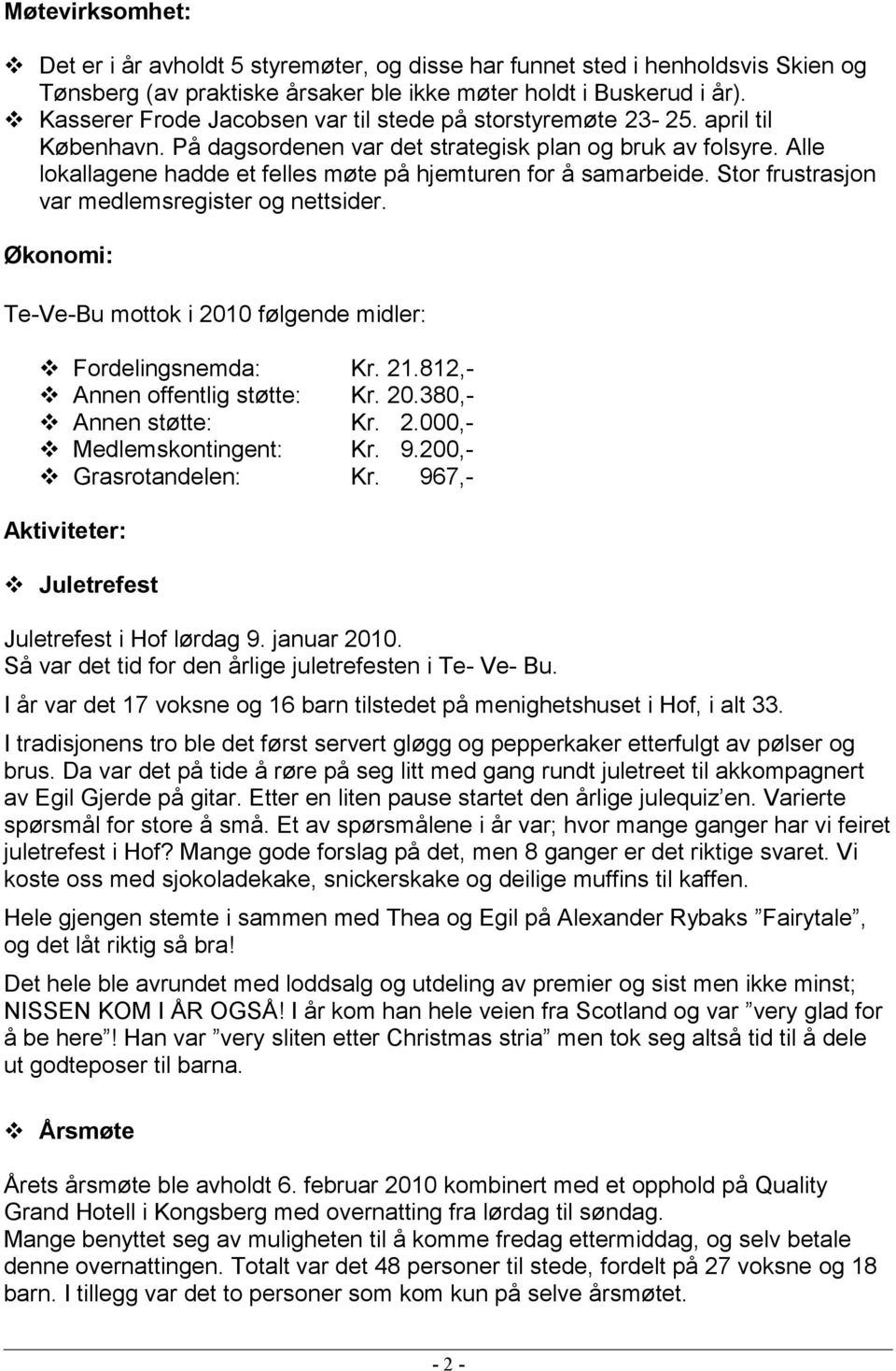 Alle lokallagene hadde et felles møte på hjemturen for å samarbeide. Stor frustrasjon var medlemsregister og nettsider. Økonomi: Te-Ve-Bu mottok i 2010 følgende midler: Fordelingsnemda: Kr. 21.