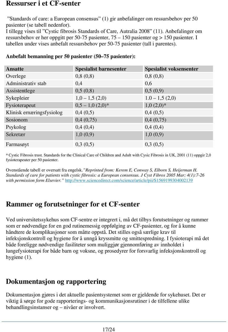 I tabellen under vises anbefalt ressursbehov per 50-75 pasienter (tall i parentes).