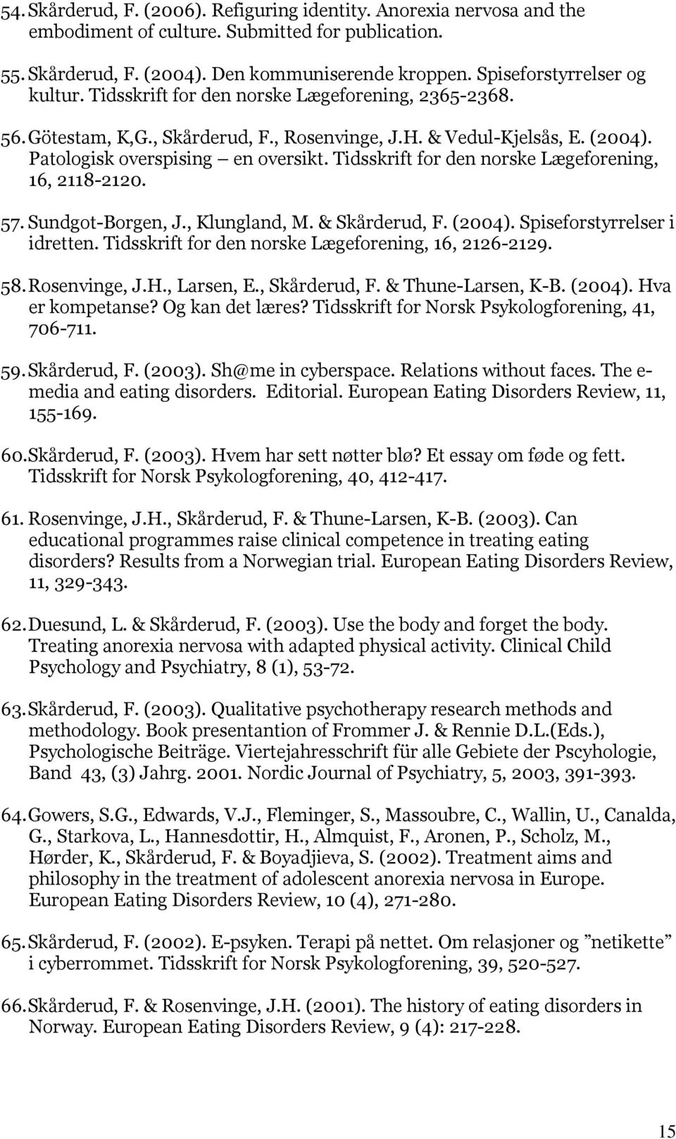 Tidsskrift for den norske Lægeforening, 16, 2118-2120. 57. Sundgot-Borgen, J., Klungland, M. & Skårderud, F. (2004). Spiseforstyrrelser i idretten.