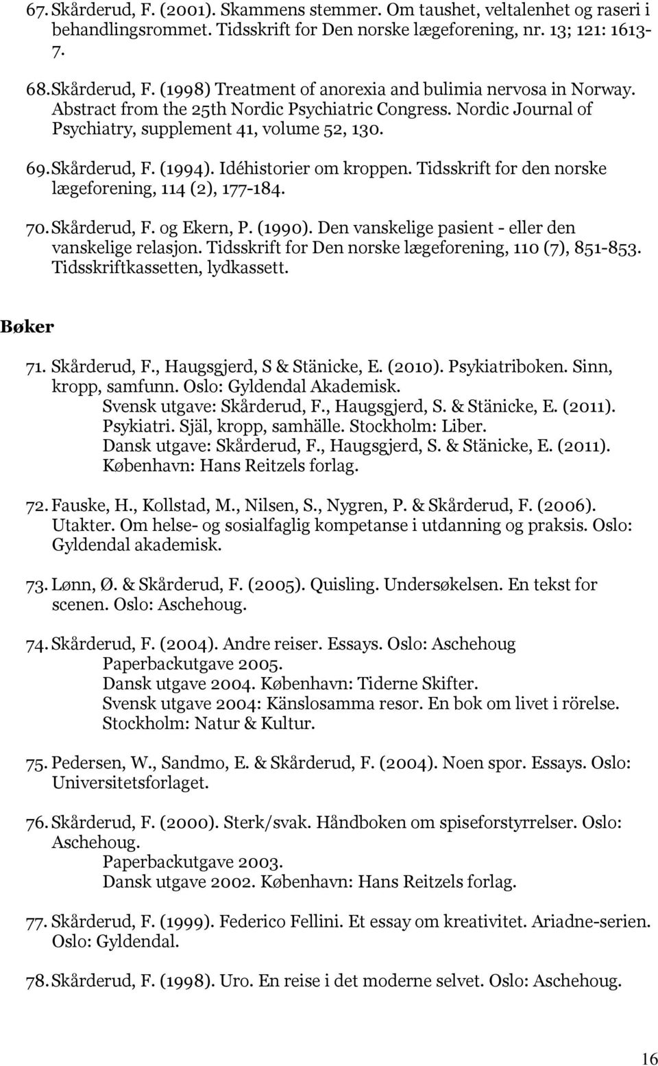 Tidsskrift for den norske lægeforening, 114 (2), 177-184. 70. Skårderud, F. og Ekern, P. (1990). Den vanskelige pasient - eller den vanskelige relasjon.