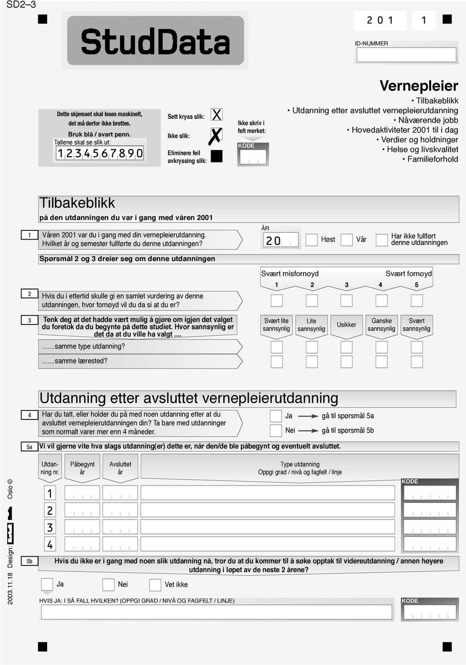 vernepleierutdanning Nåværende jobb Hovedaktiviteter 2001 til i dag Verdier og holdninger Helse og livskvalitet Familieforhold Tilbakeblikk på den utdanningen du var i gang med våren 2001 ÅR 1 Våren